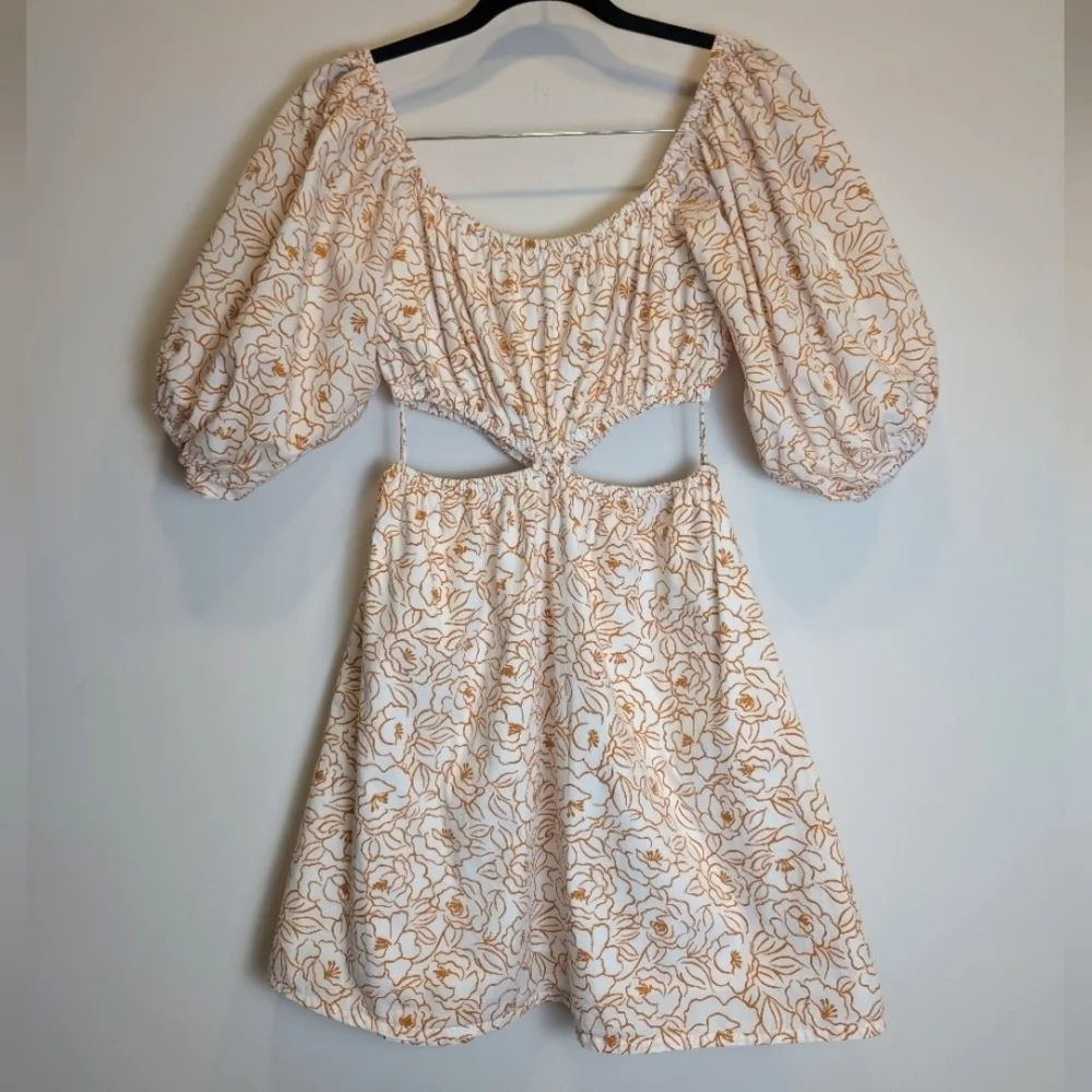 Faithfull The Brand Orange White Gabelli Mini Dress Puff Sleeves Size Large